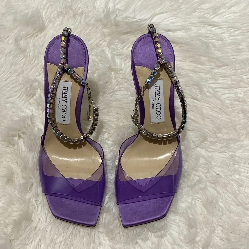 Jimmy Choo Saeda 100 Crystal embellished PVC & satin‎ sandals size 38EU